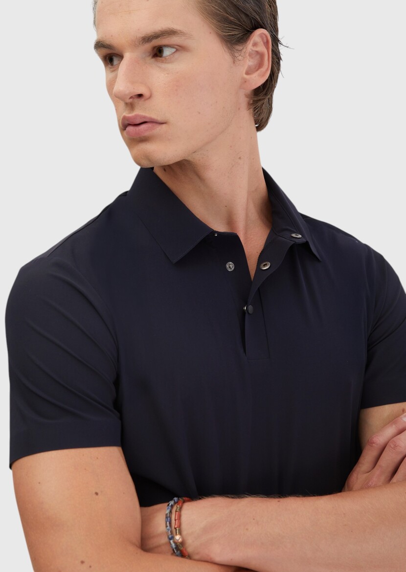 Navy Blue Plain Polo Neck T-Shirt - 4