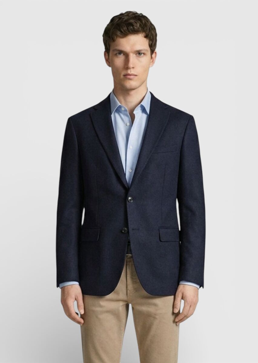 Navy Blue Plain Regular Fit 100% Cashmire Jacket - 1