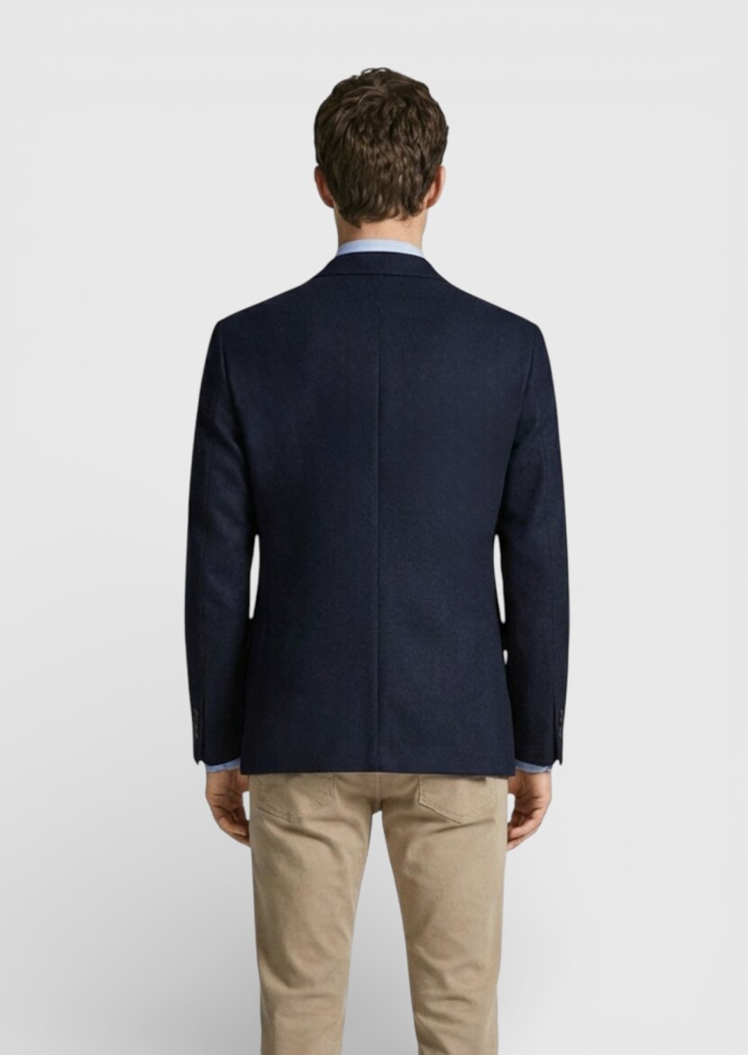Navy Blue Plain Regular Fit 100% Cashmire Jacket - 4