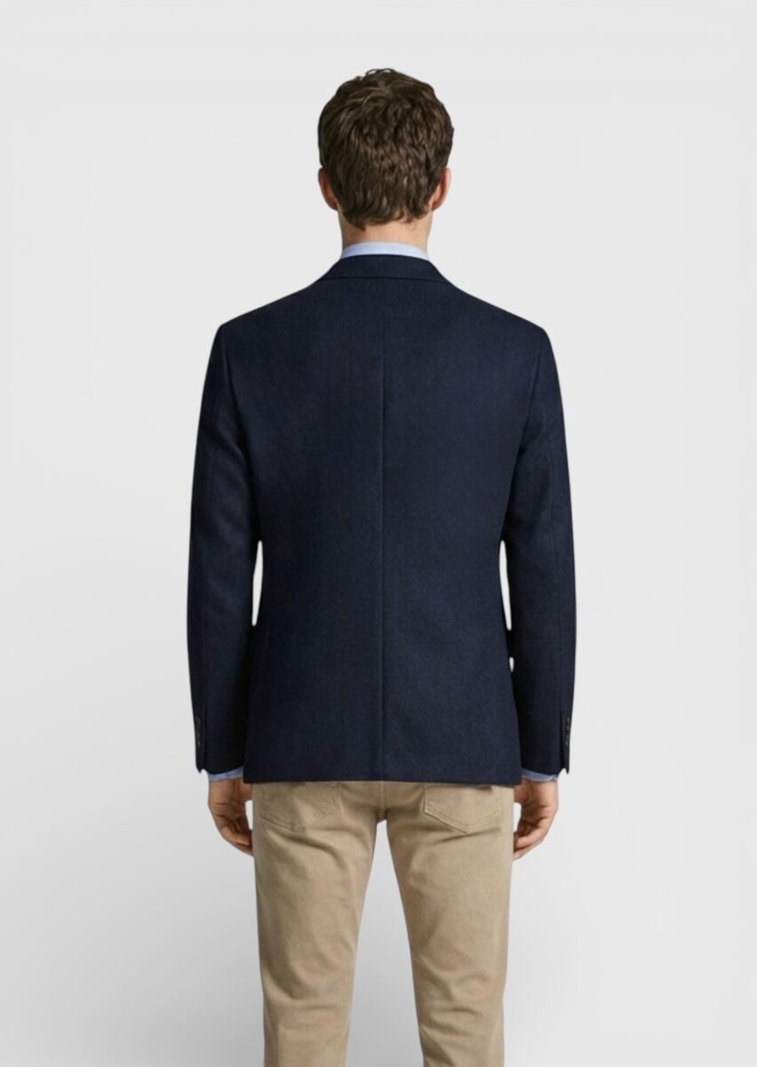 Navy Blue Plain Regular Fit 100% Cashmire Jacket - 4