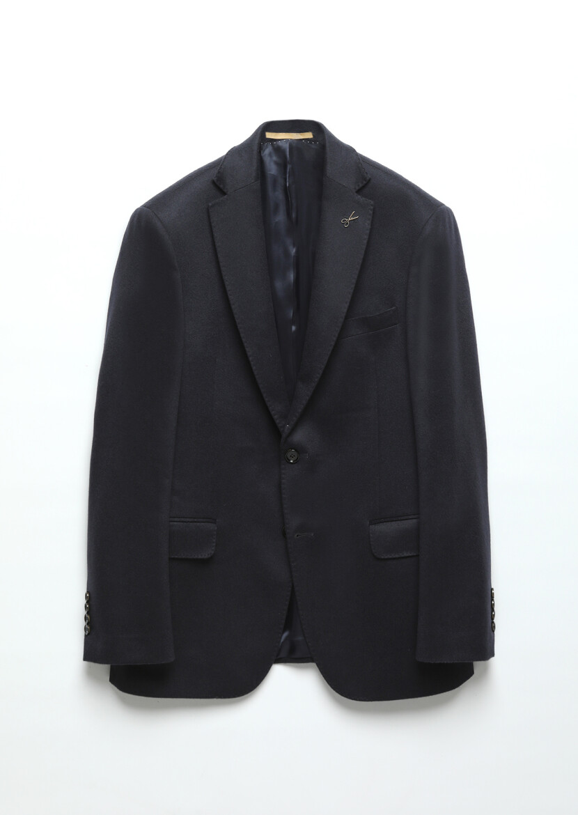 Navy Blue Plain Regular Fit 100% Cashmire Jacket - 5