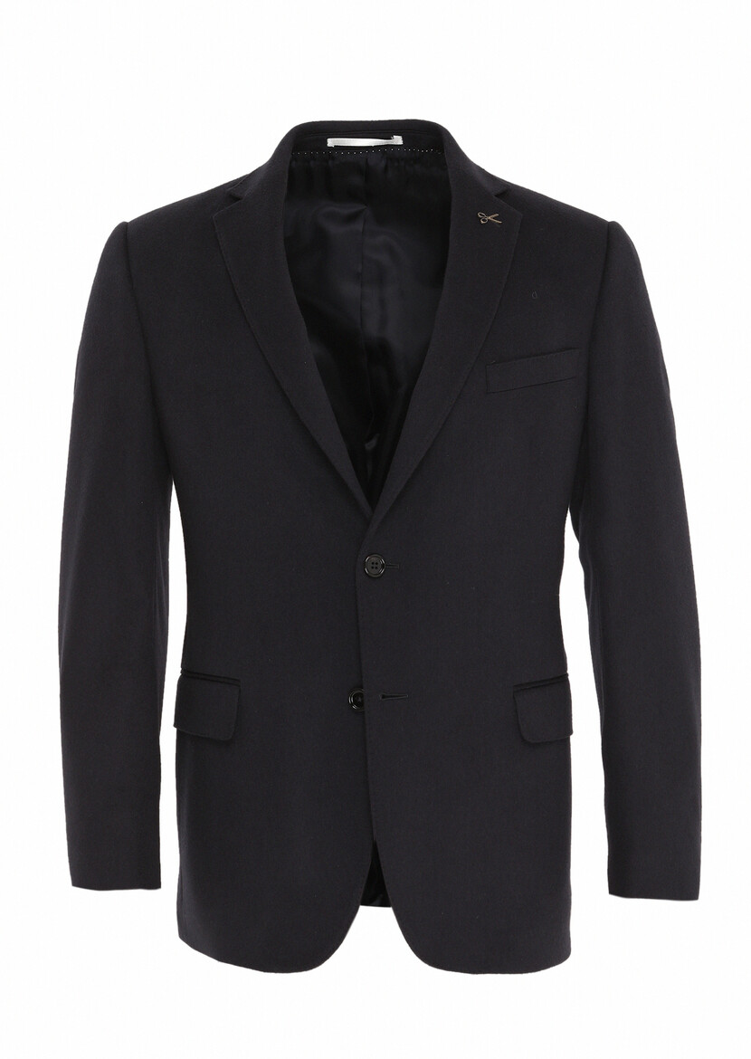 Navy Blue Plain Regular Fit 100% Cashmire Jacket - 1