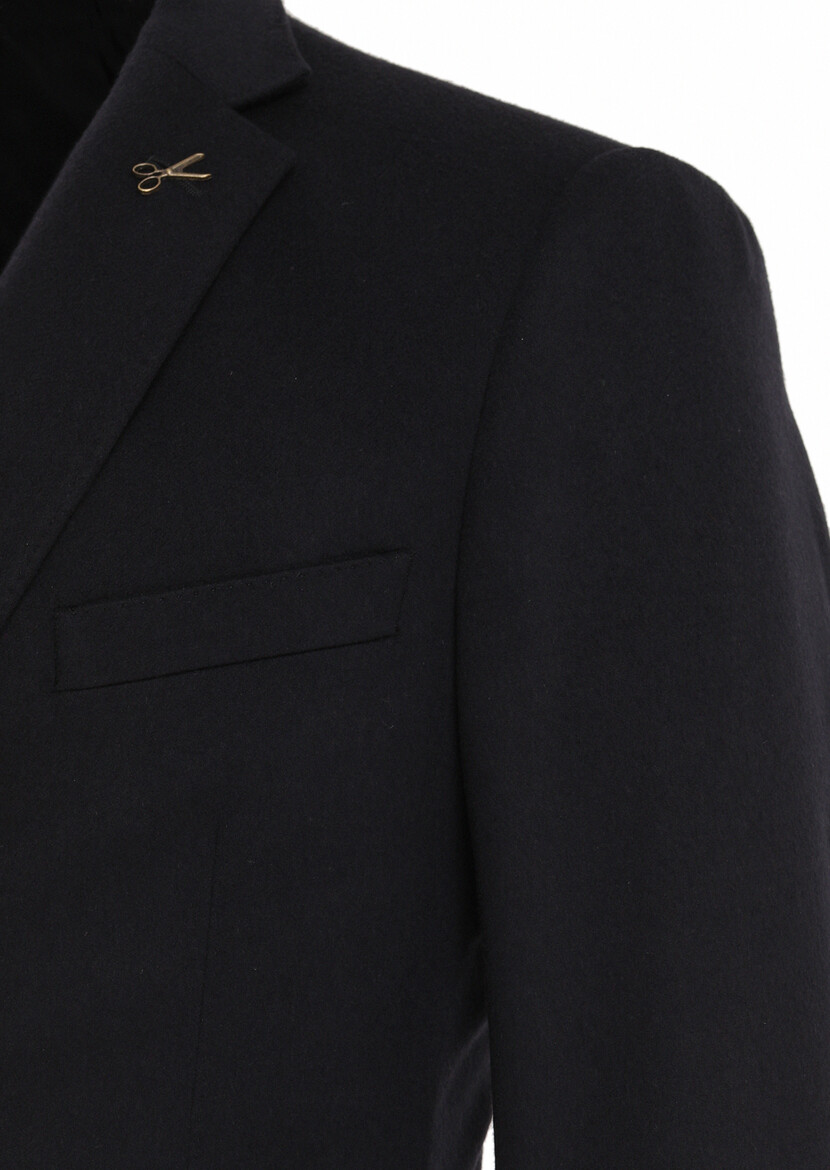 Navy Blue Plain Regular Fit 100% Cashmire Jacket - 3