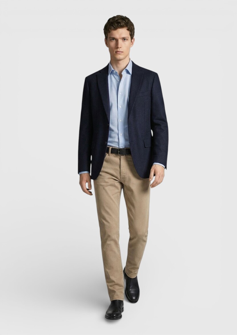 Navy Blue Plain Regular Fit 100% Cashmire Jacket - 1