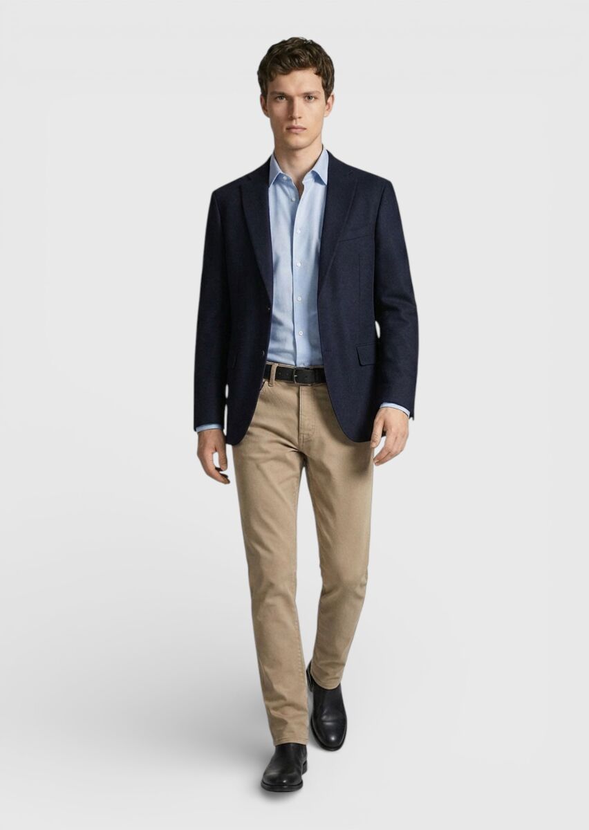 Navy Blue Plain Regular Fit 100% Cashmire Jacket - 1