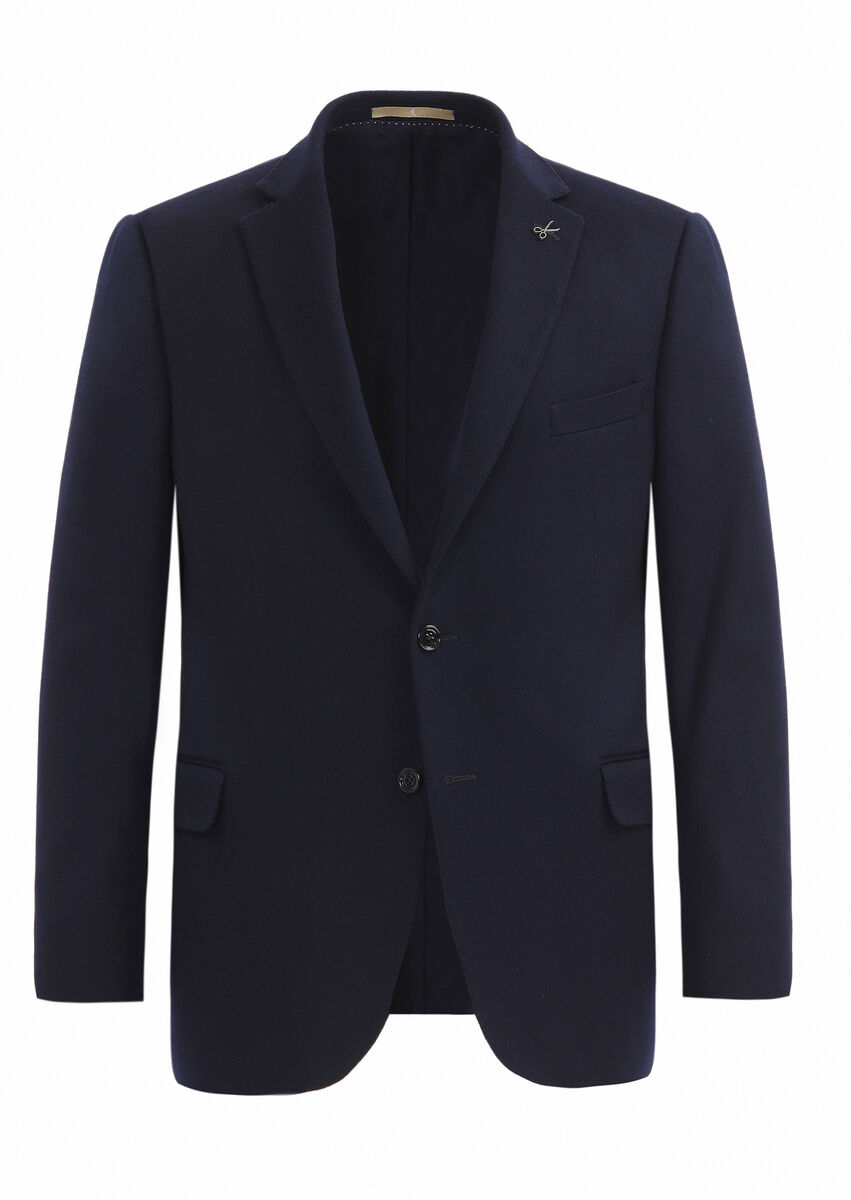 Navy Blue Plain Regular Fit 100% Cashmire Jacket - 1