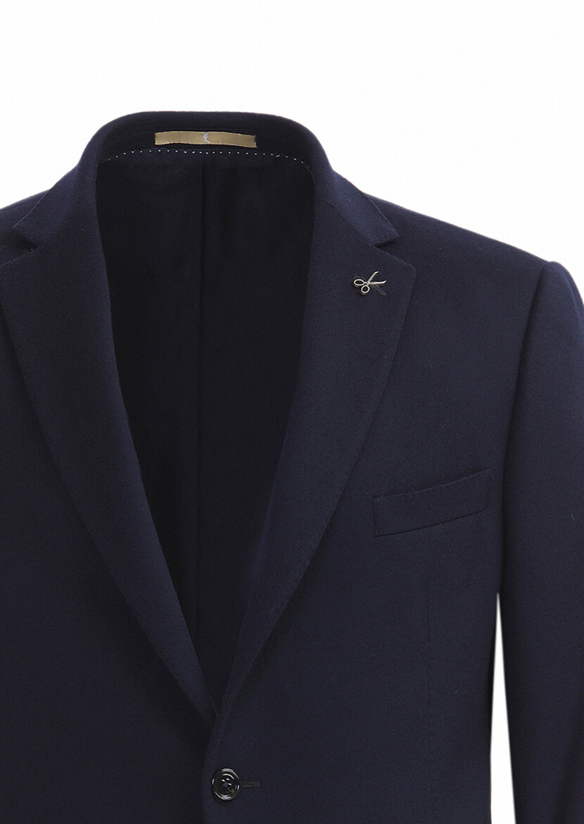 Navy Blue Plain Regular Fit 100% Cashmire Jacket - 2