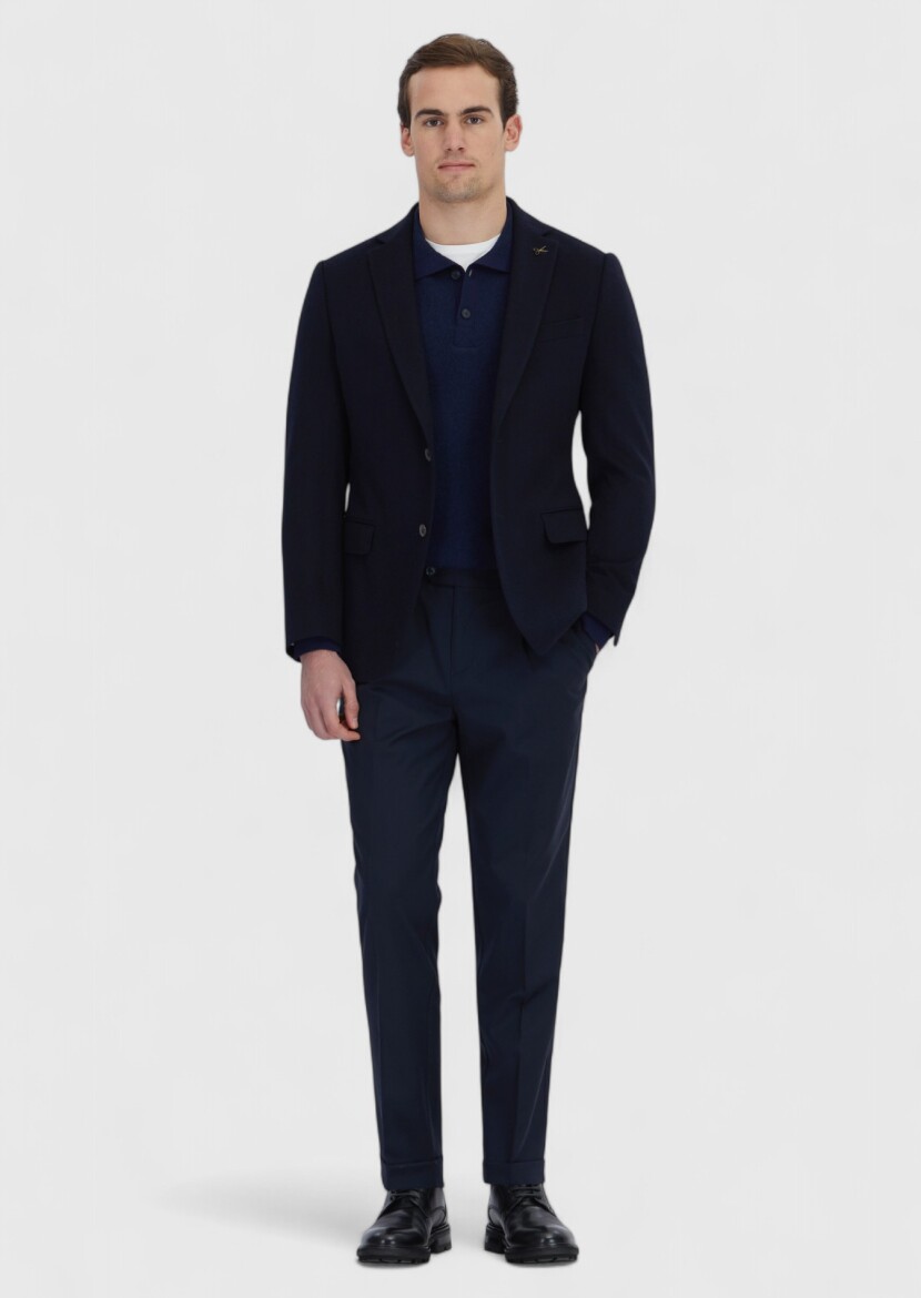 Navy Blue Plain Regular Fit 100% Cashmire Jacket 