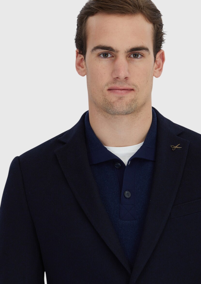 Navy Blue Plain Regular Fit 100% Cashmire Jacket - 3