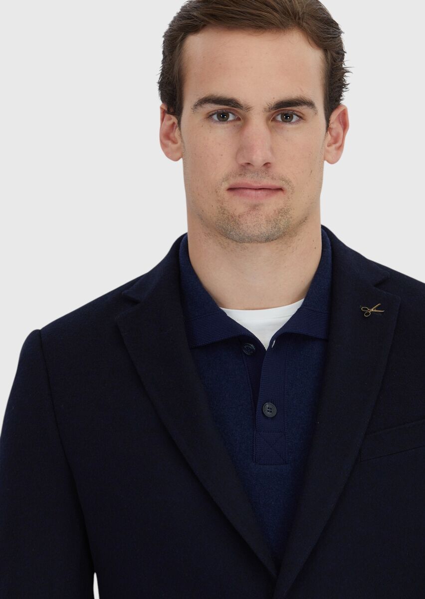 Navy Blue Plain Regular Fit 100% Cashmire Jacket - 3