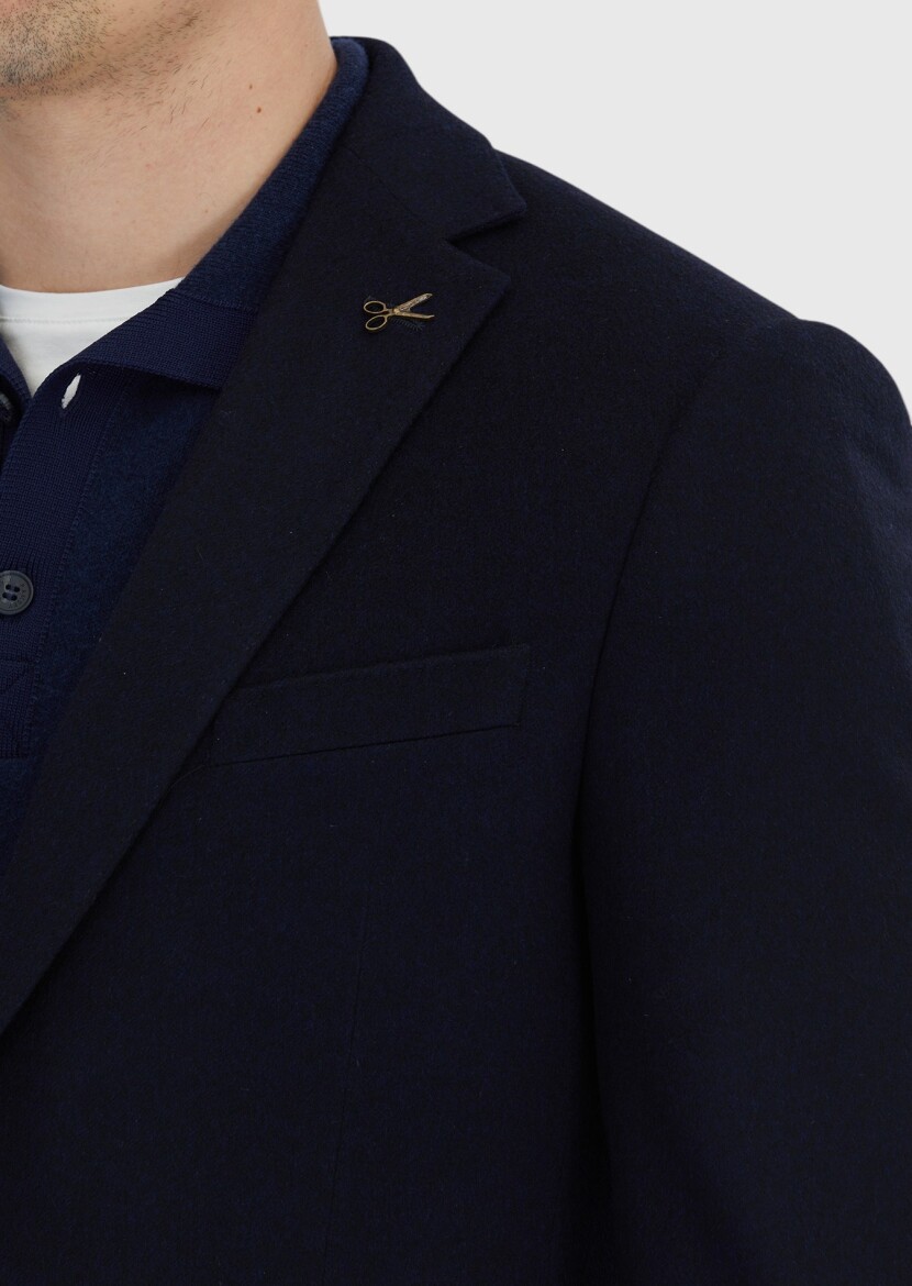 Navy Blue Plain Regular Fit 100% Cashmire Jacket - 5
