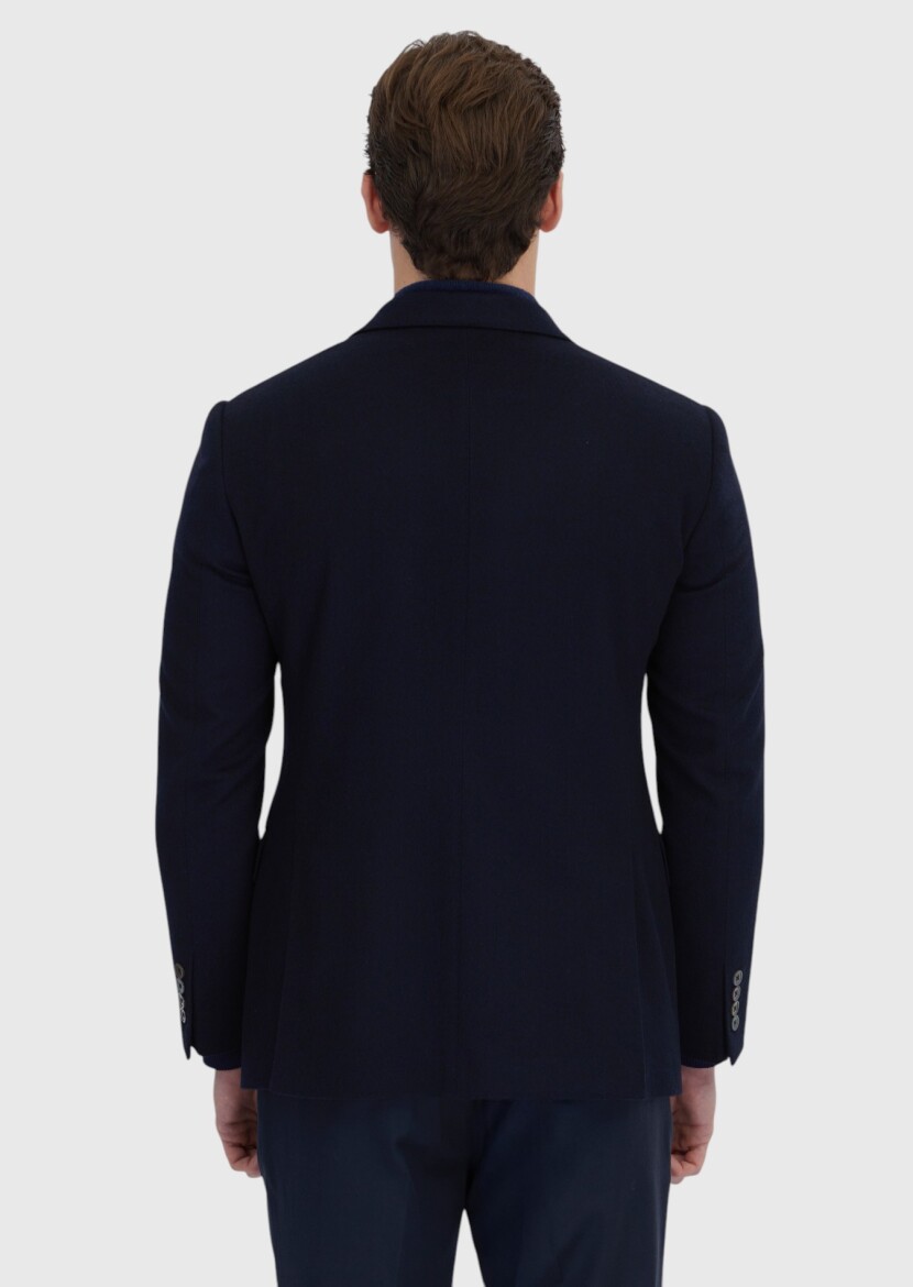Navy Blue Plain Regular Fit 100% Cashmire Jacket - 8