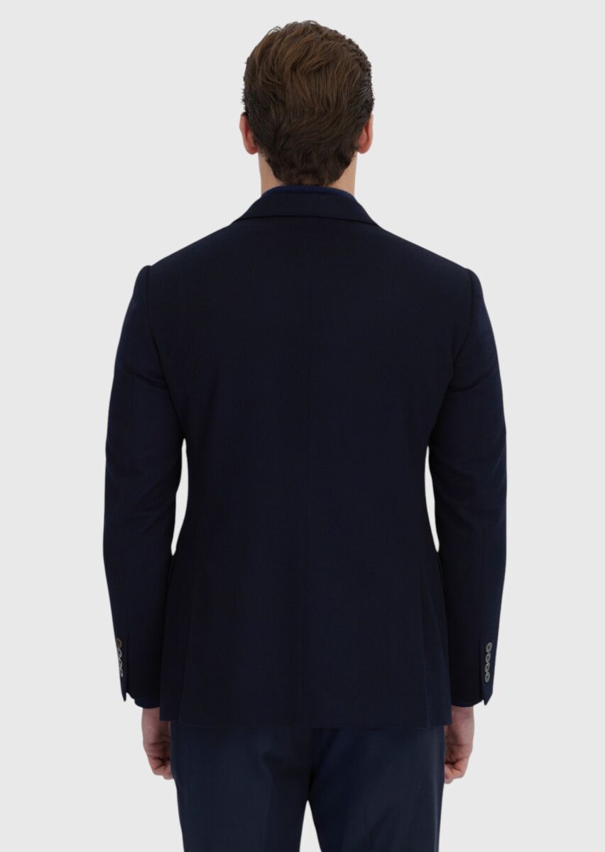 Navy Blue Plain Regular Fit 100% Cashmire Jacket - 8