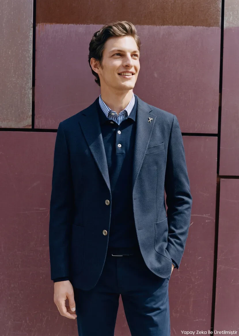 Navy Blue Plain Regular Fit 100% Cashmire Jacket - RAMSEY