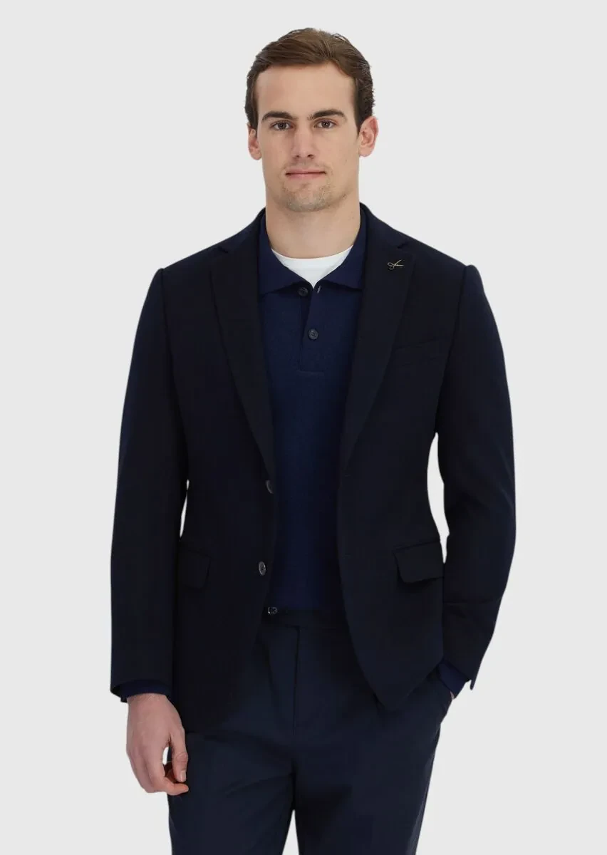 Navy Blue Plain Regular Fit 100% Cashmire Jacket - 1