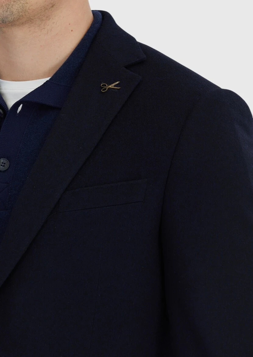 Navy Blue Plain Regular Fit 100% Cashmire Jacket - 5