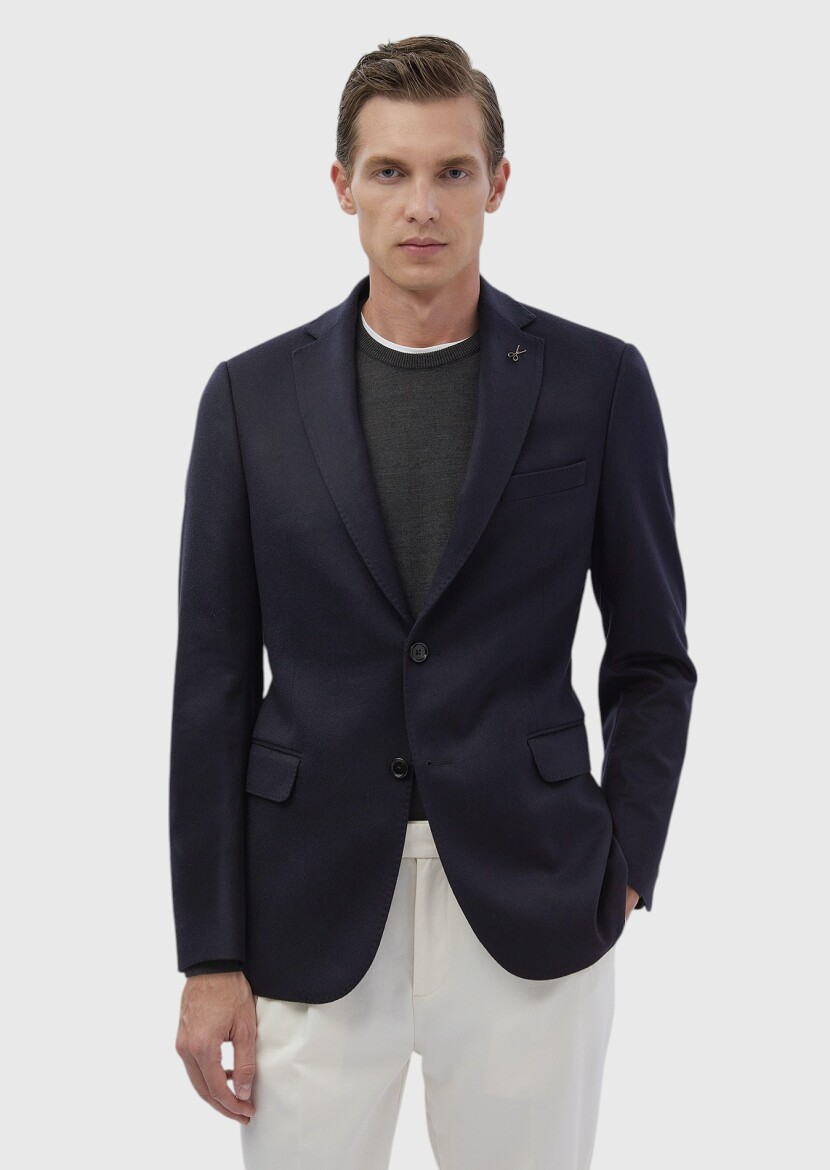 Navy Blue Plain Regular Fit 100% Cashmire Jacket - 3