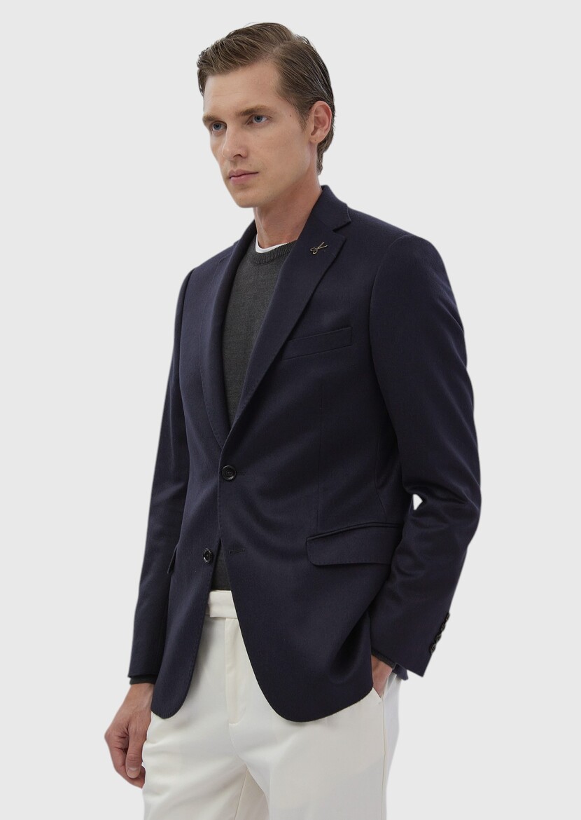 Navy Blue Plain Regular Fit 100% Cashmire Jacket - 1