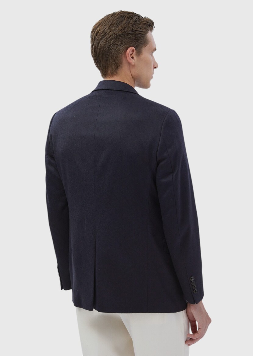 Navy Blue Plain Regular Fit 100% Cashmire Jacket - 8