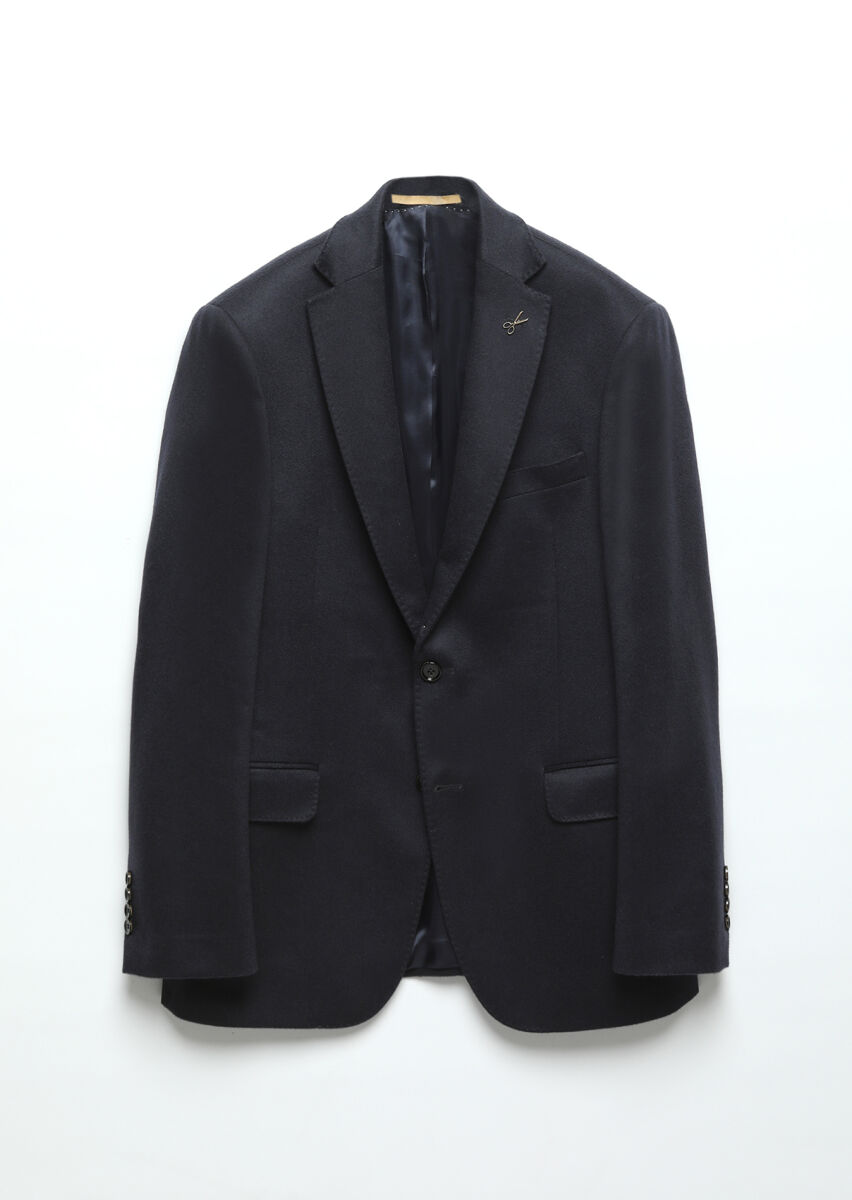 Navy Blue Plain Regular Fit 100% Cashmire Jacket - 9