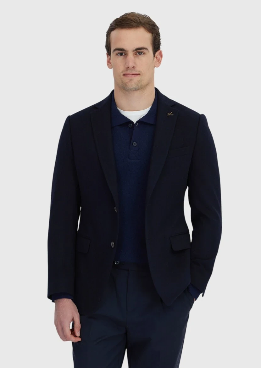 Navy Blue Plain Regular Fit 100% Cashmire Jacket - RAMSEY