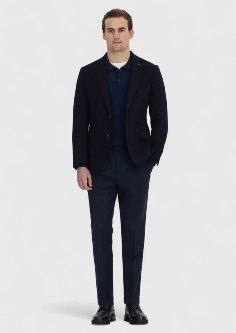 Navy Blue Plain Regular Fit 100% Cashmire Jacket - RAMSEY