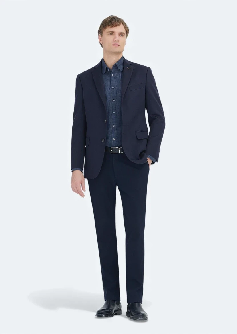 Navy Blue Plain Regular Fit 100% Cashmire Jacket - RAMSEY