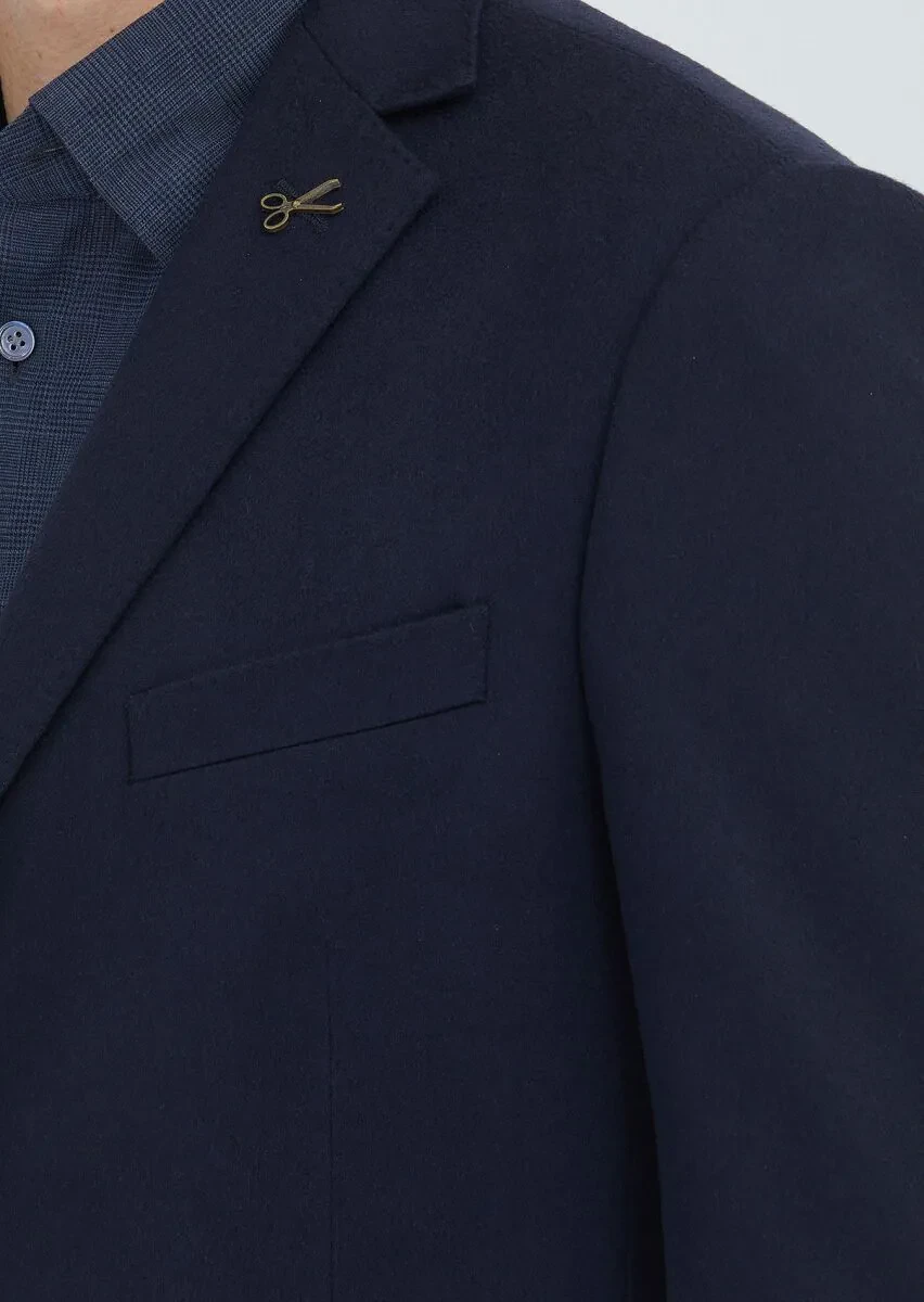 Navy Blue Plain Regular Fit 100% Cashmire Jacket - 4