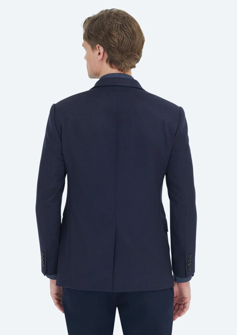 Navy Blue Plain Regular Fit 100% Cashmire Jacket - 7