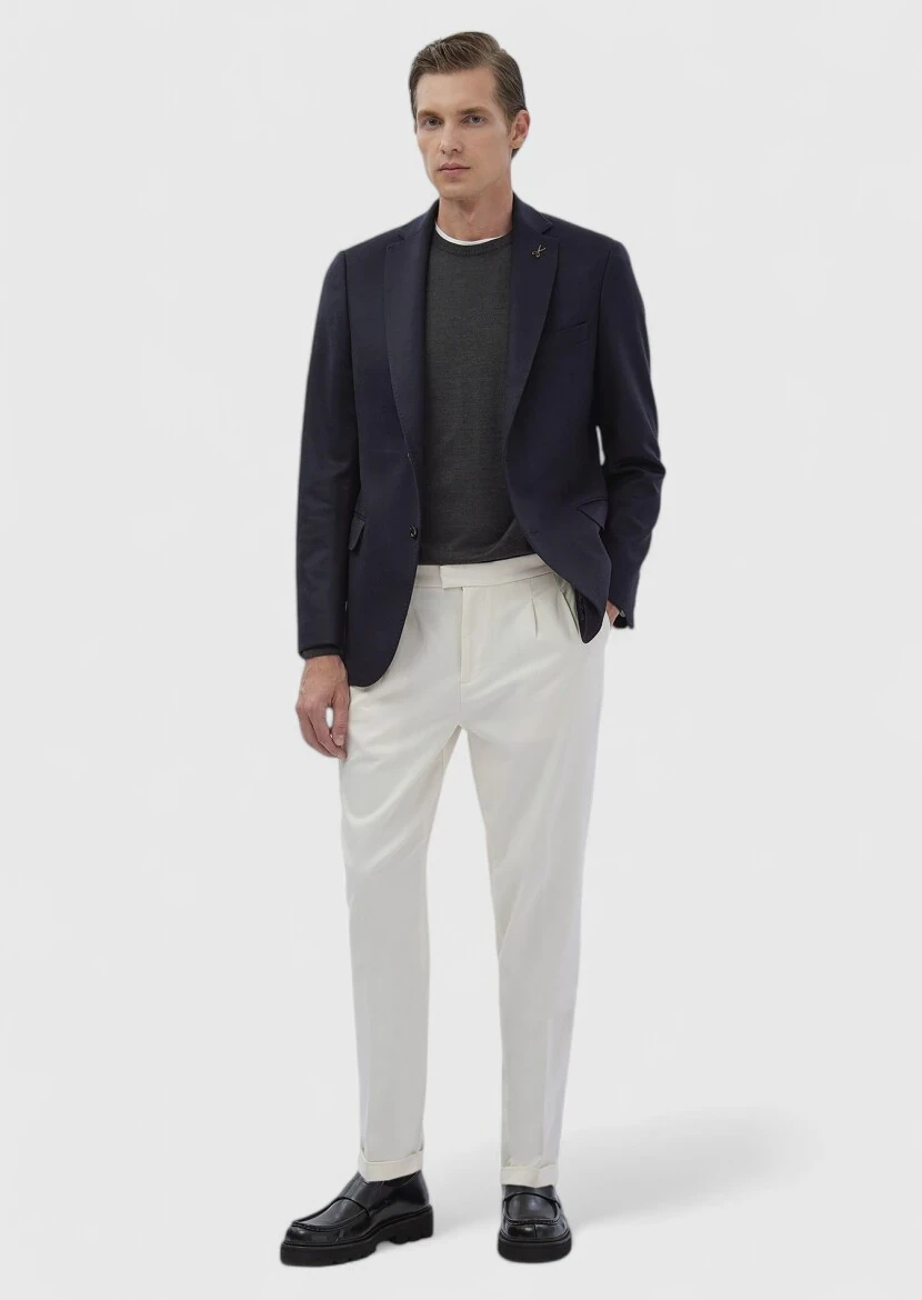 Navy Blue Plain Regular Fit 100% Cashmire Jacket - RAMSEY