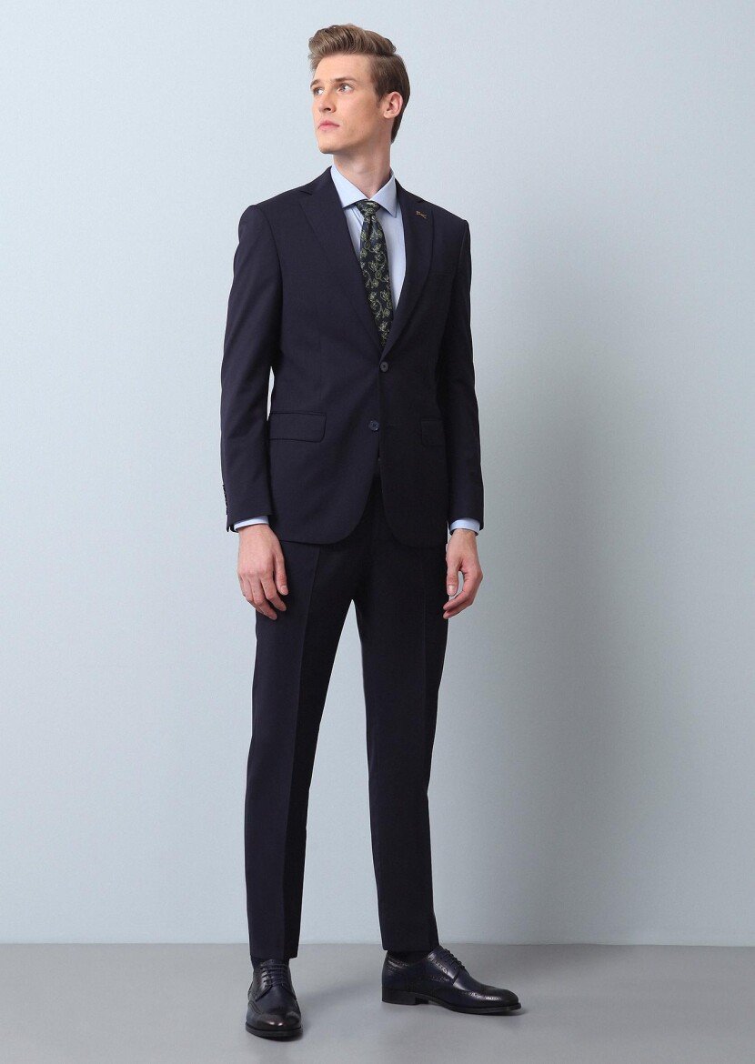 Navy Blue Plain Regular Fit 100% Wool Suit - 4