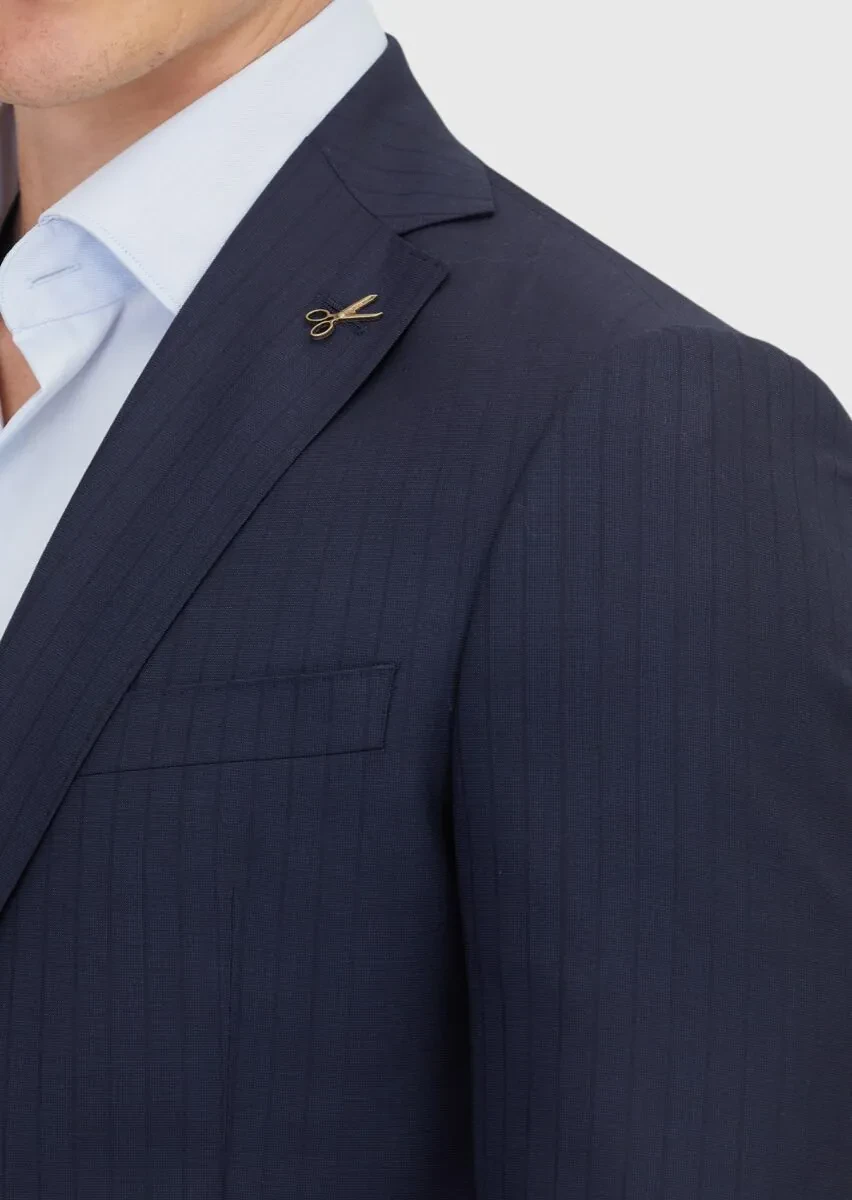 Navy Blue Plain Regular Fit 100% Wool Suit - 4