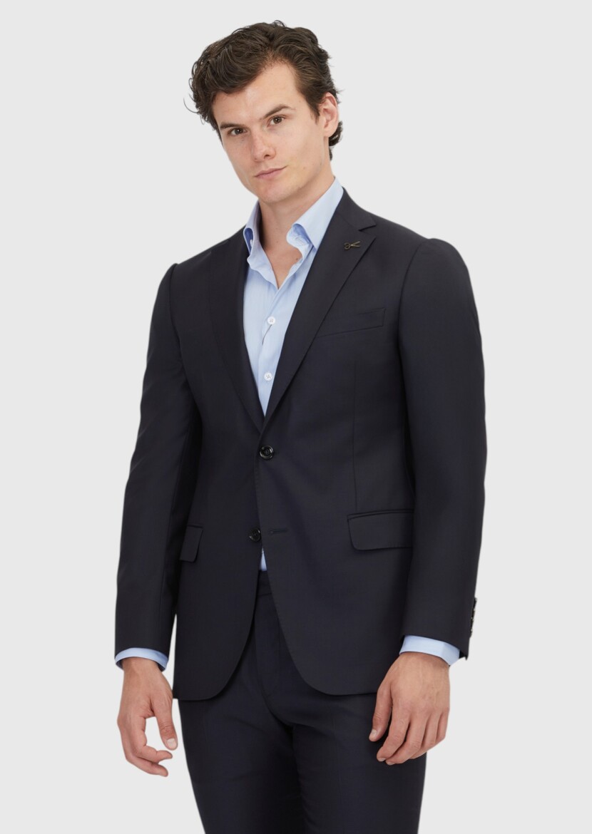 Navy Blue Plain Regular Fit 100% Wool Suit - 1