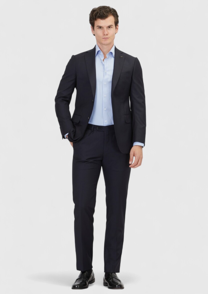 Navy Blue Plain Regular Fit 100% Wool Suit - 2