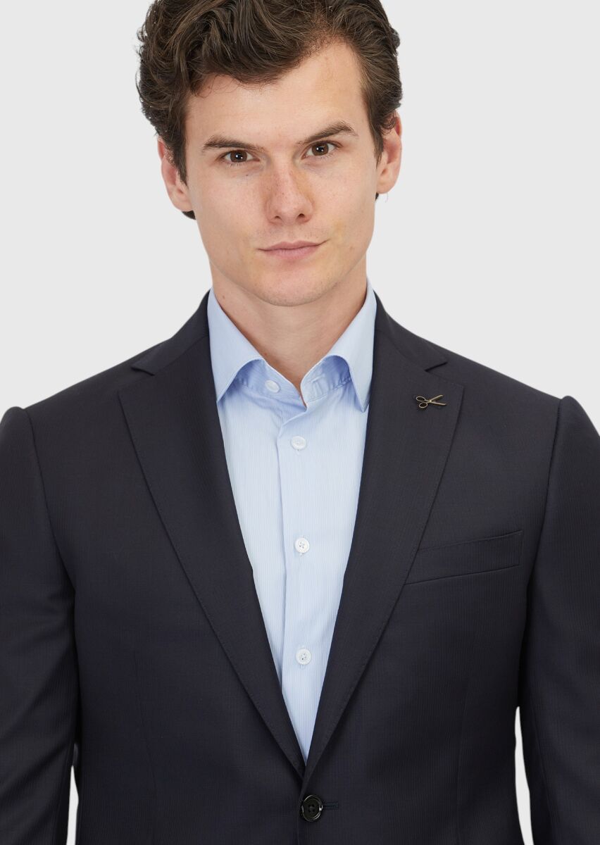 Navy Blue Plain Regular Fit 100% Wool Suit - 3