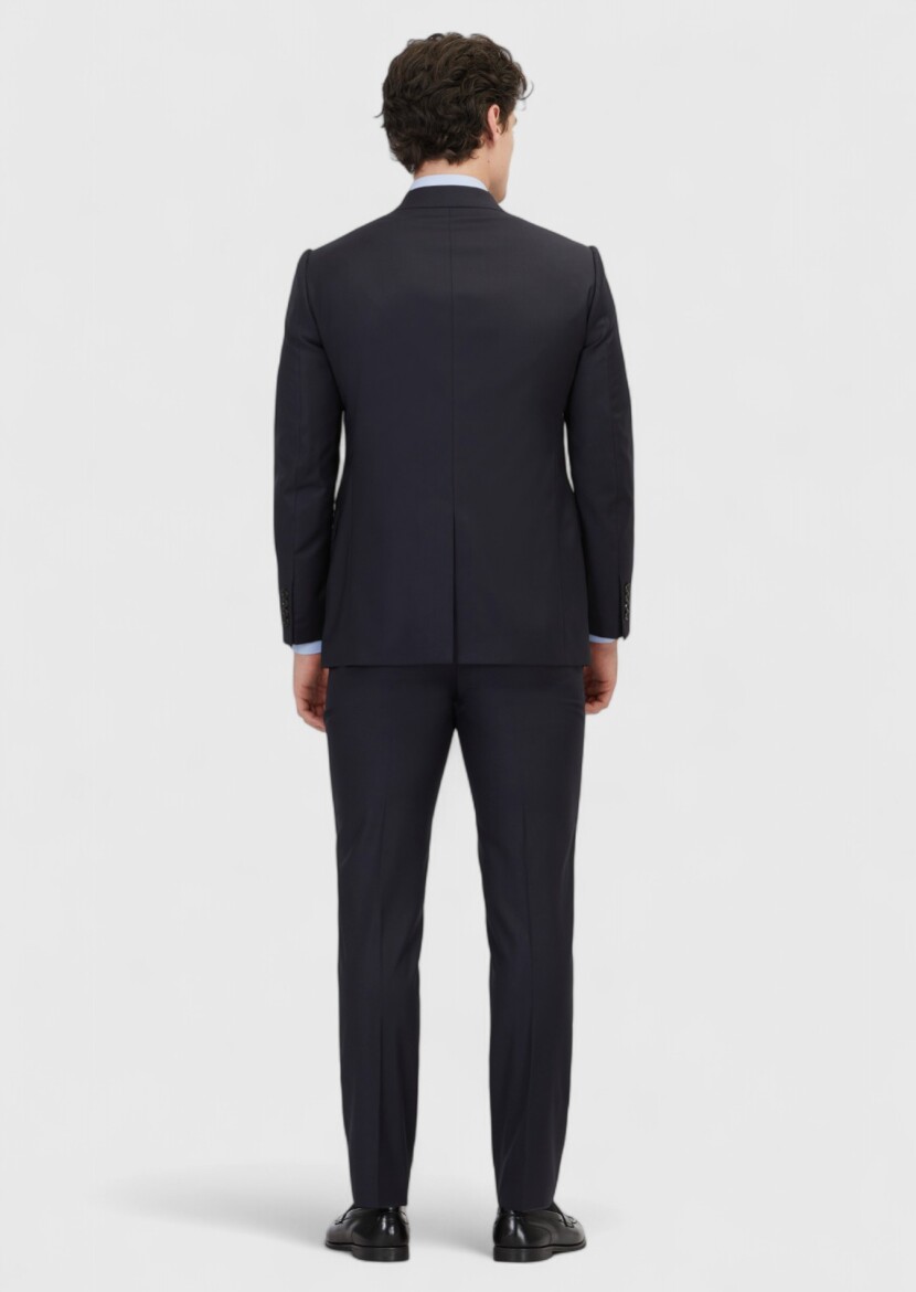 Navy Blue Plain Regular Fit 100% Wool Suit - 6