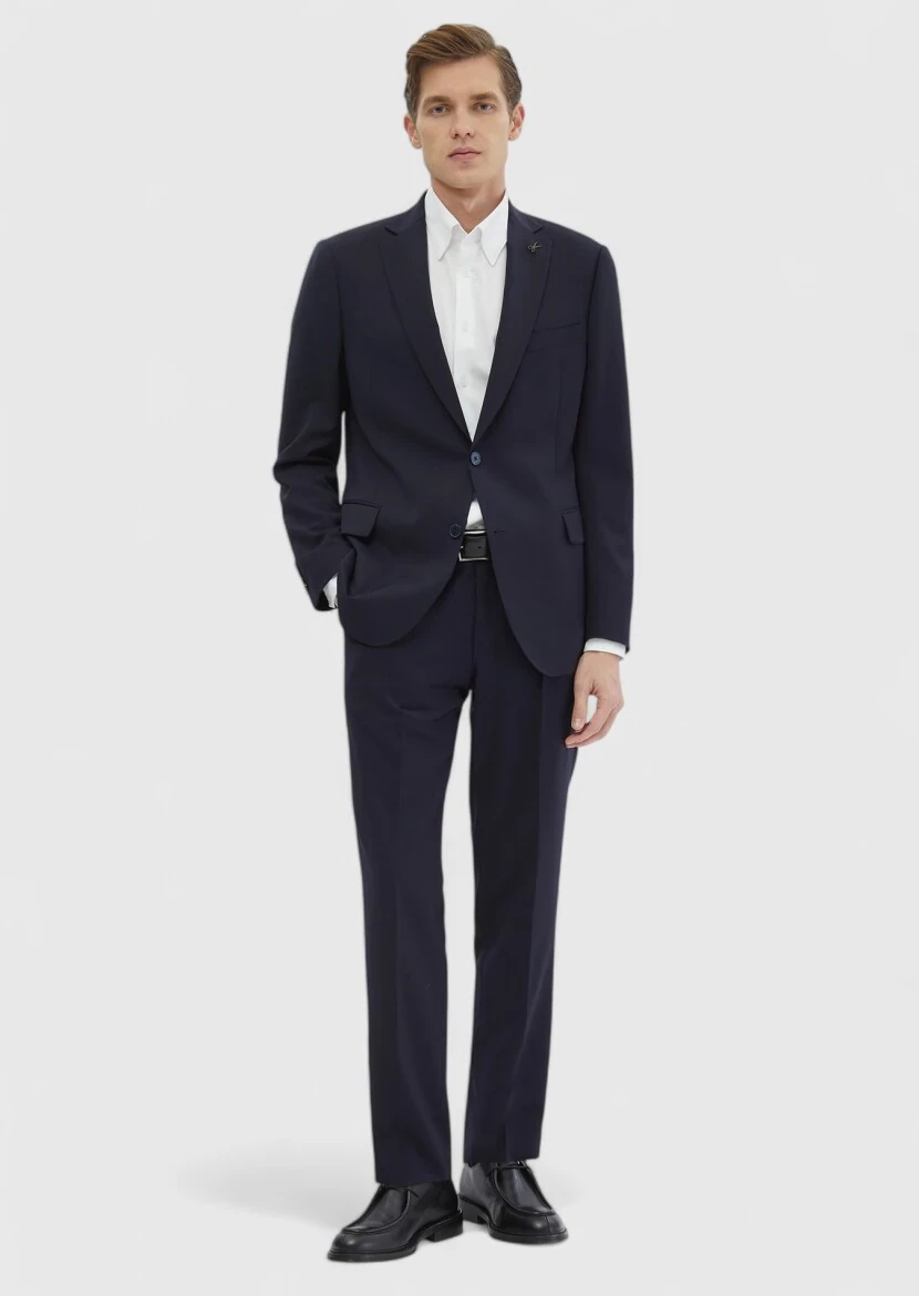 Navy Blue Plain Regular Fit 100% Wool Suit - RAMSEY