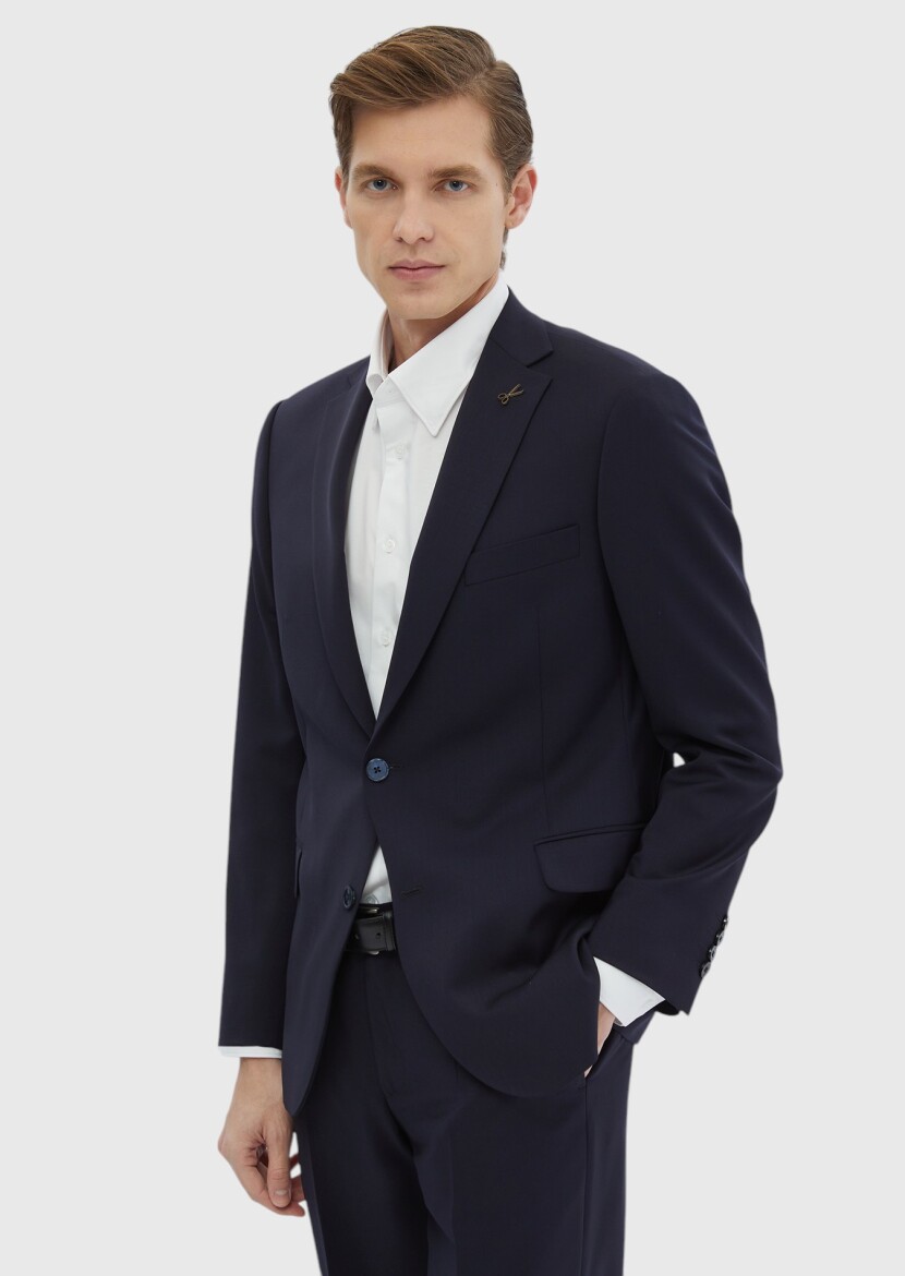 Navy Blue Plain Regular Fit 100% Wool Suit - 1