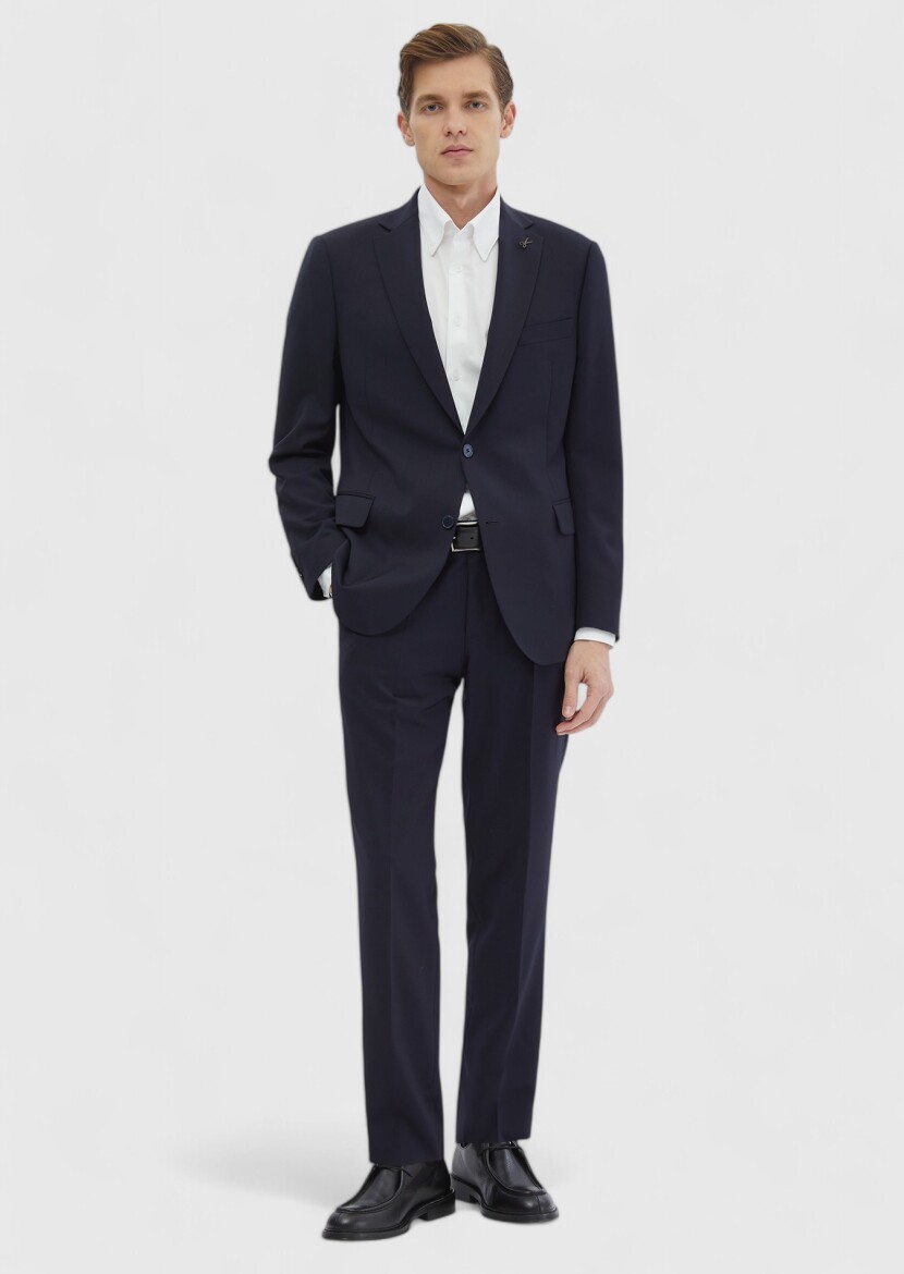 Navy Blue Plain Regular Fit 100% Wool Suit - 2