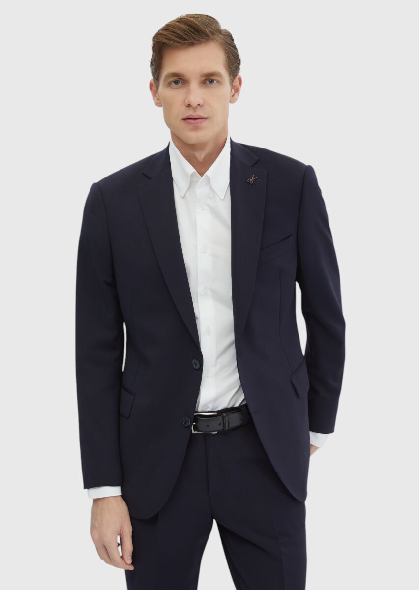 Navy Blue Plain Regular Fit 100% Wool Suit - 3