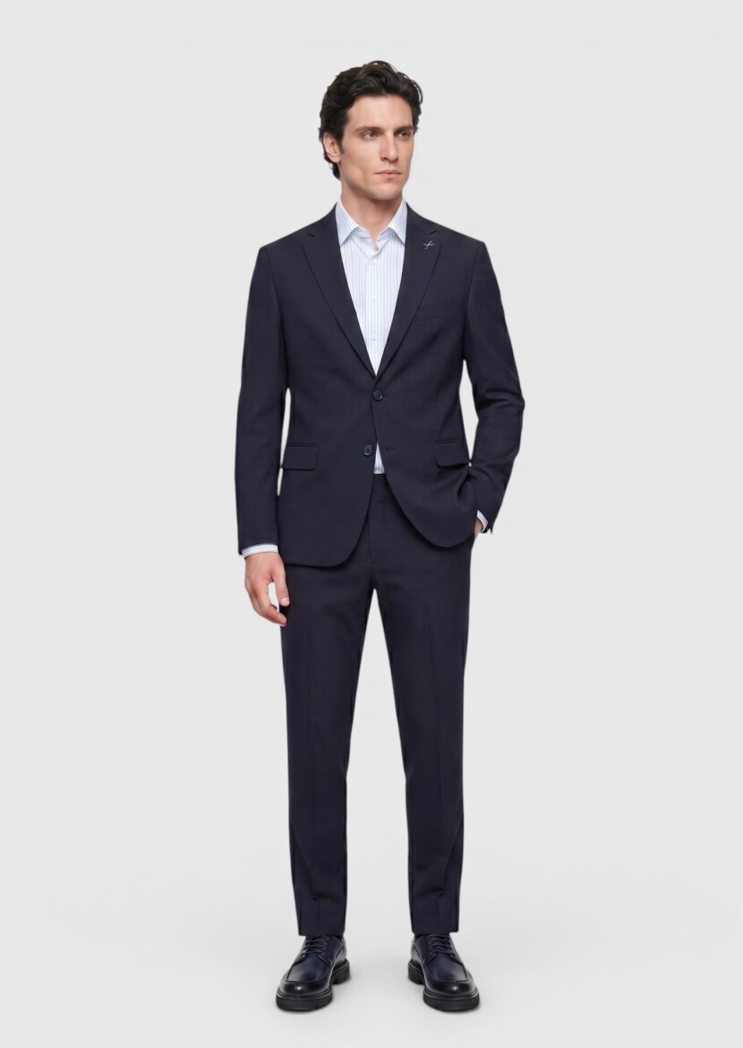 Navy Blue Plain Regular Fit 100% Wool Suit - RAMSEY