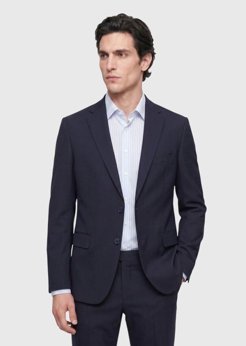 Navy Blue Plain Regular Fit 100% Wool Suit - 2