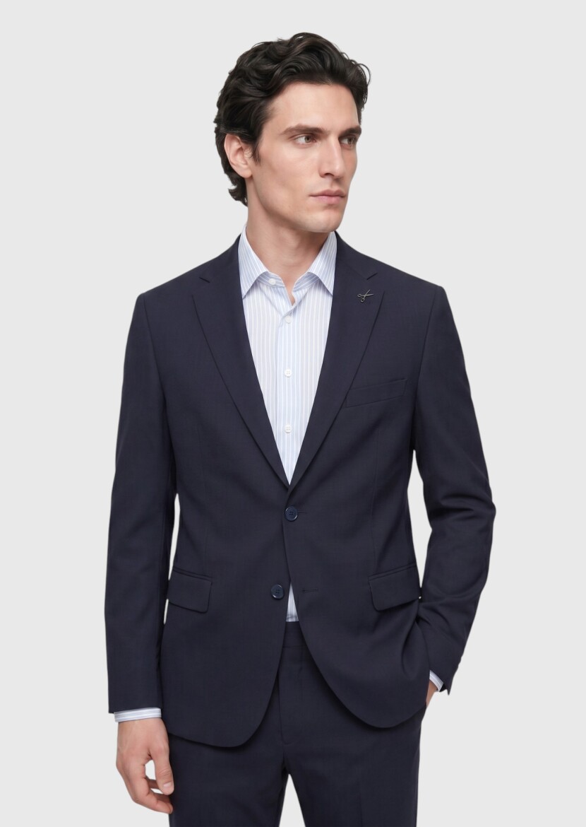 Navy Blue Plain Regular Fit 100% Wool Suit - 3