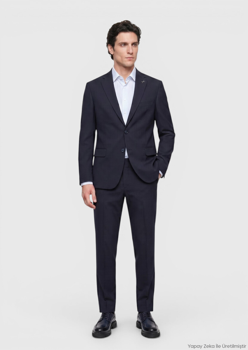 Navy Blue Plain Regular Fit 100% Wool Suit - RAMSEY