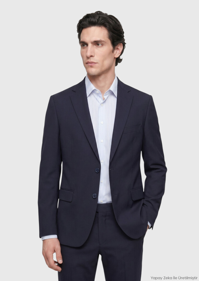 Navy Blue Plain Regular Fit 100% Wool Suit - RAMSEY
