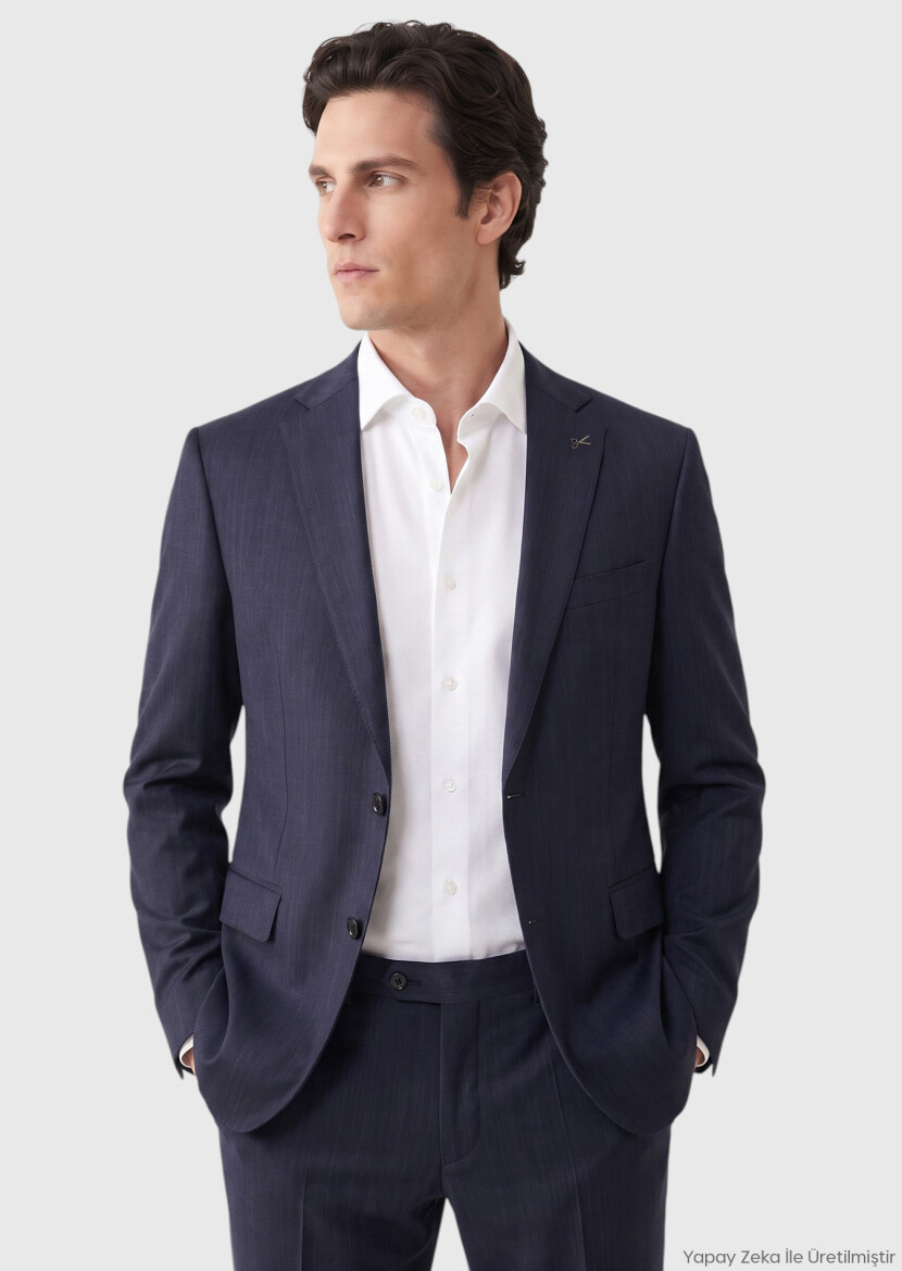 Navy Blue Plain Regular Fit 100% Wool Suit - RAMSEY