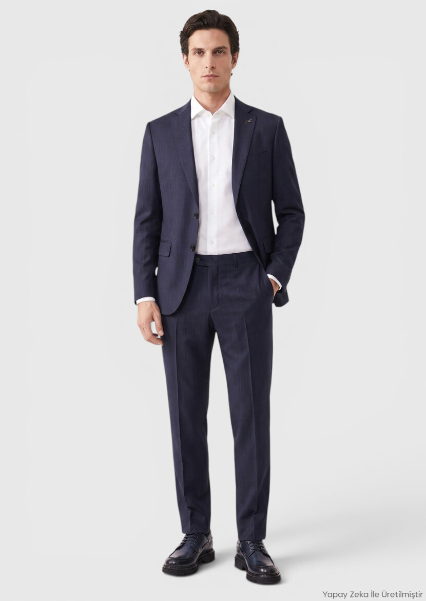 Navy Blue Plain Regular Fit 100% Wool Suit - RAMSEY