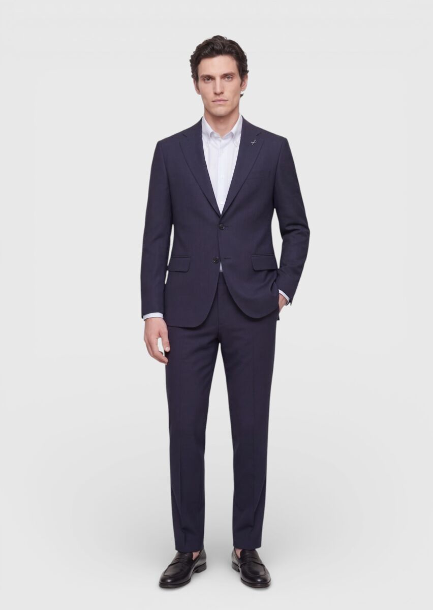 Navy Blue Plain Regular Fit 100% Wool Suit - 1