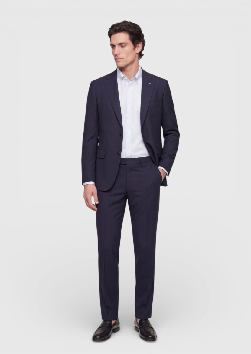 Navy Blue Plain Regular Fit 100% Wool Suit - 3