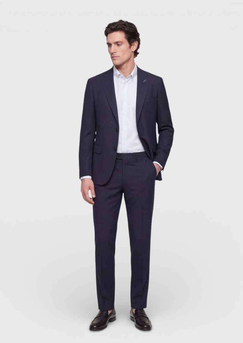 Navy Blue Plain Regular Fit 100% Wool Suit - 3